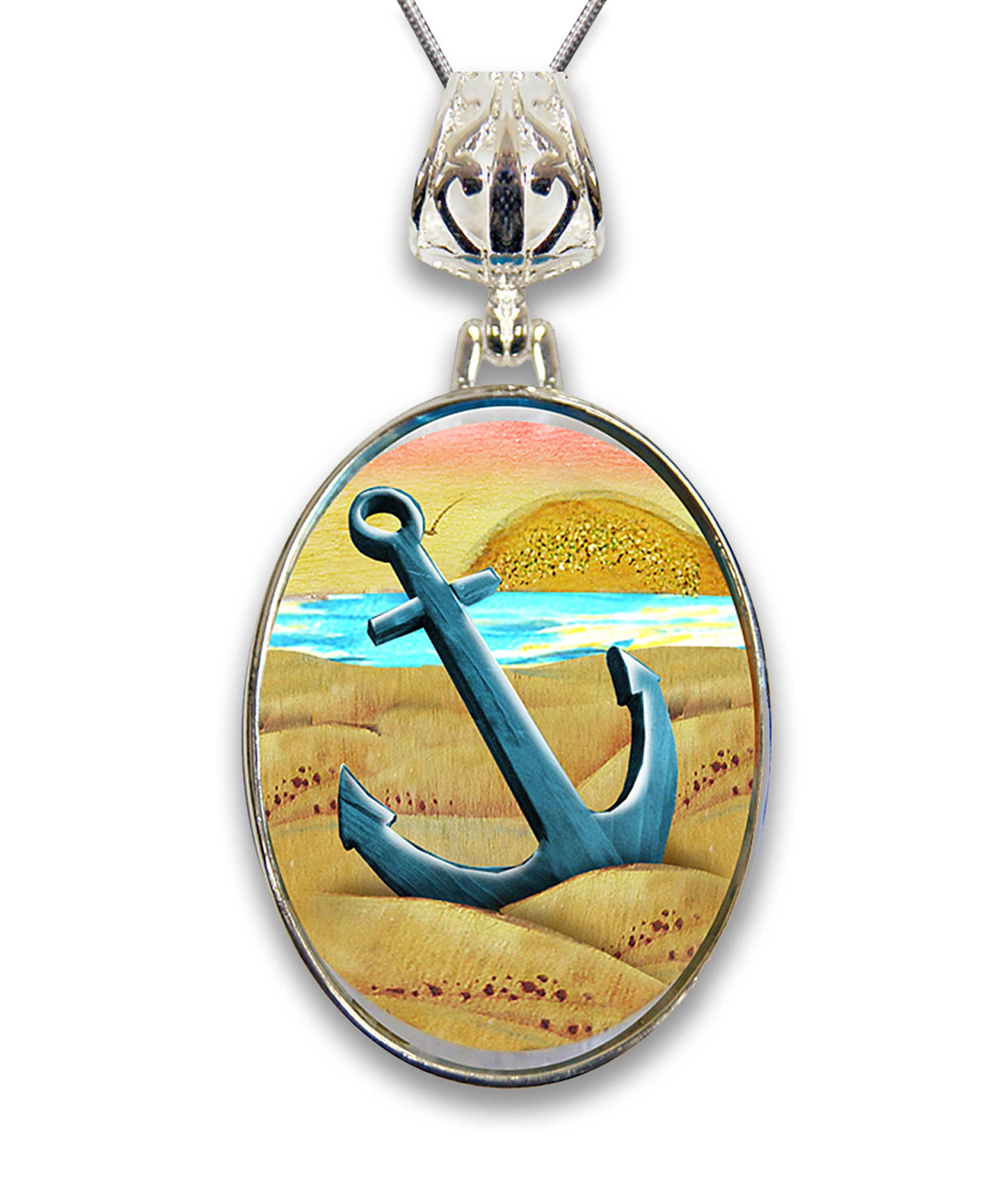 Anchor Silver-Plated Mother of Pearl Jewelry Pendant Necklace - 44056-4