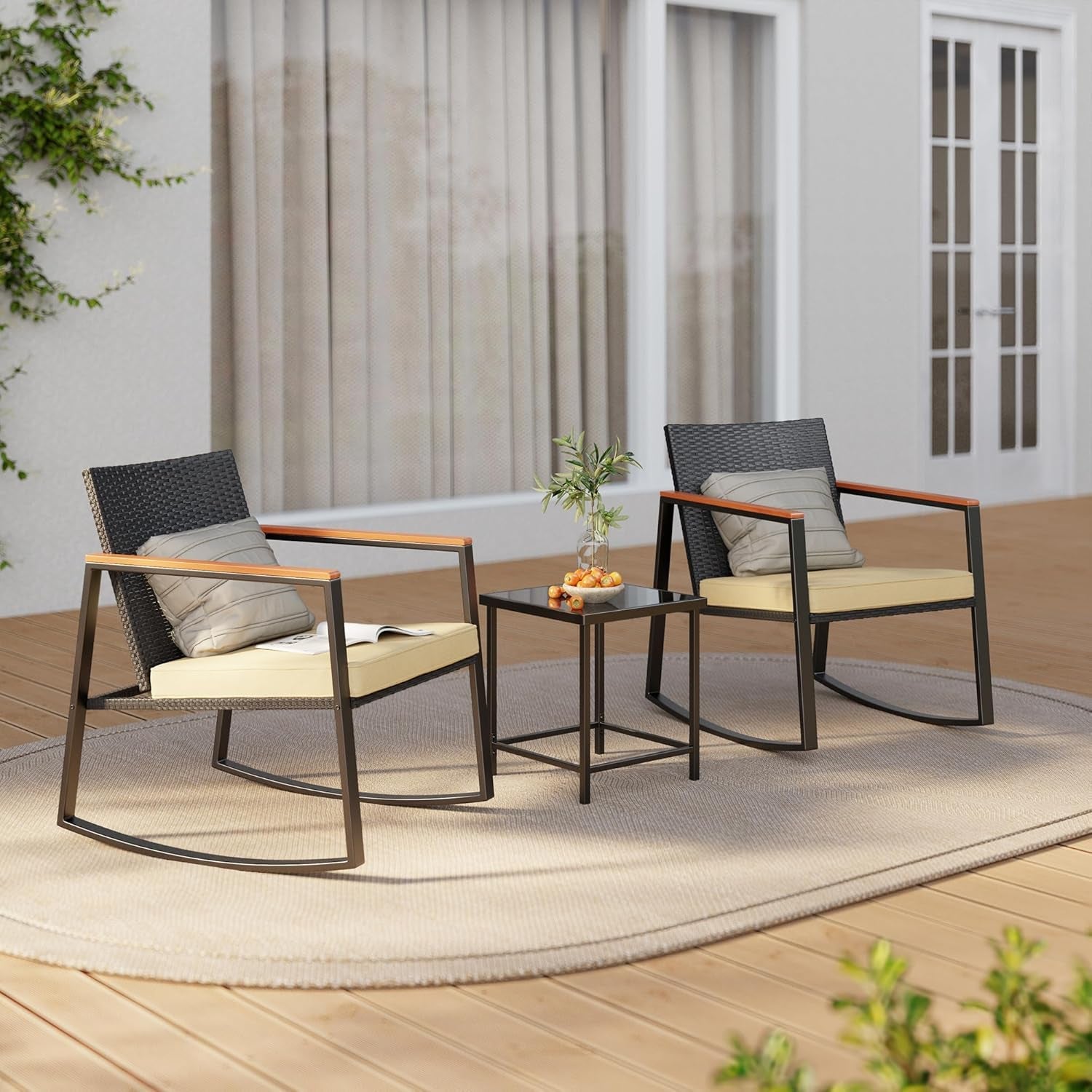 3 Piece Rocking Patio Bistro Set With Anti Scald Armrests Glass Table Cushions Outdoor Wicker Furniture