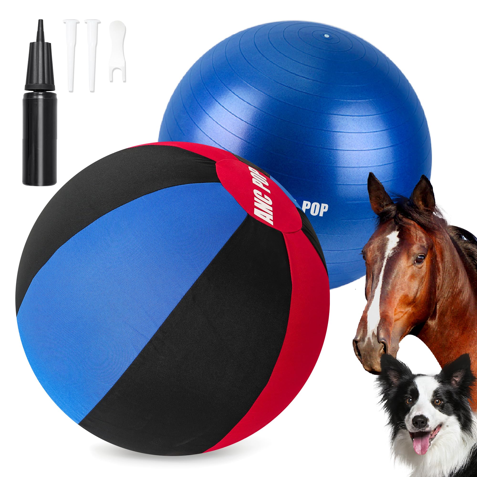 ANC POP Herding Ball for Dogs Horse Ball & Ball Cover 25" Ball for Horses Large with Hand Pump for Play Herding Ball Herding Ball Horse Toys for Horses Stall Red and Blue and Black