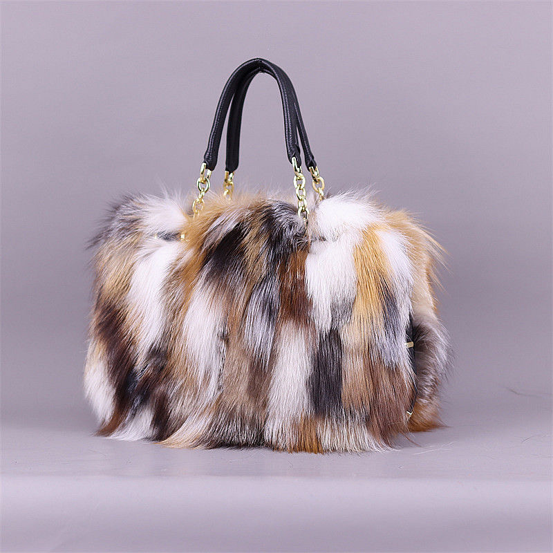 Fox Fur Fashion Handbag with Cowhide Trim