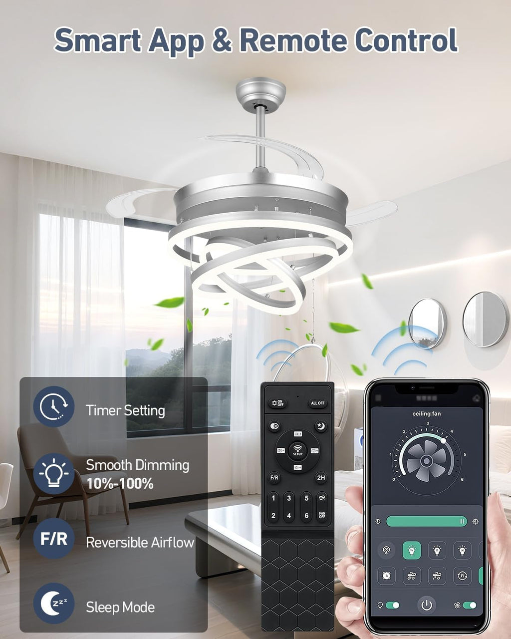 42 Inches Fandelier Retractable Ceiling Fan Silver-3