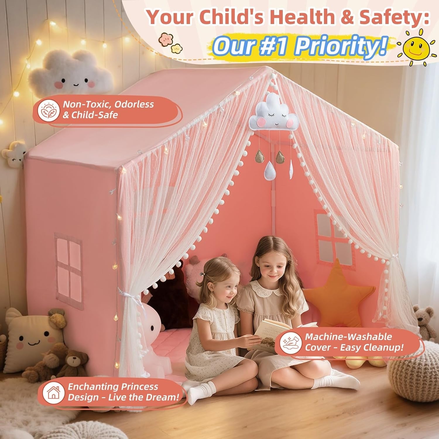 55 Inch Vibrant Color Kids Play Tent With Padded Mat