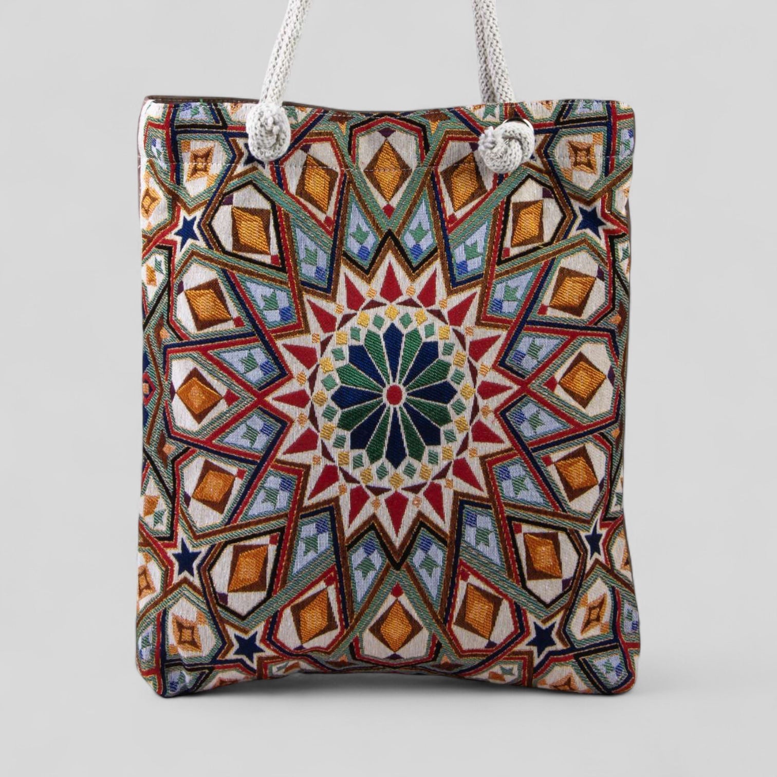 Authentic Kilim Fabric Purse with Rope Handles, Turkish Carpet, Beach Bag, Tote, Reusable Shopping Bag -- Geometric Mandala-0