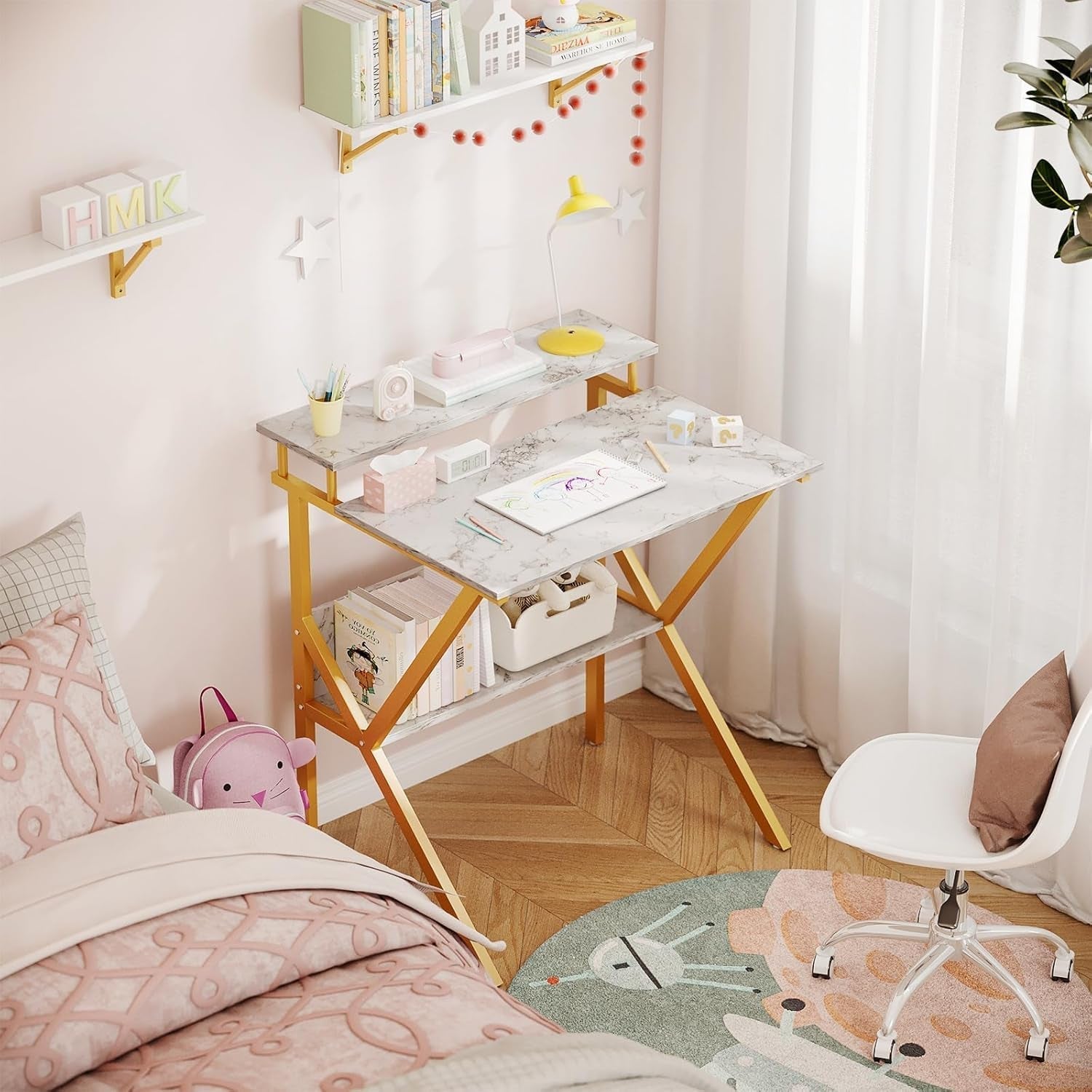 27.5 Inch Computer Desk With Monitor Stand And Storage White Marble Gold Leg