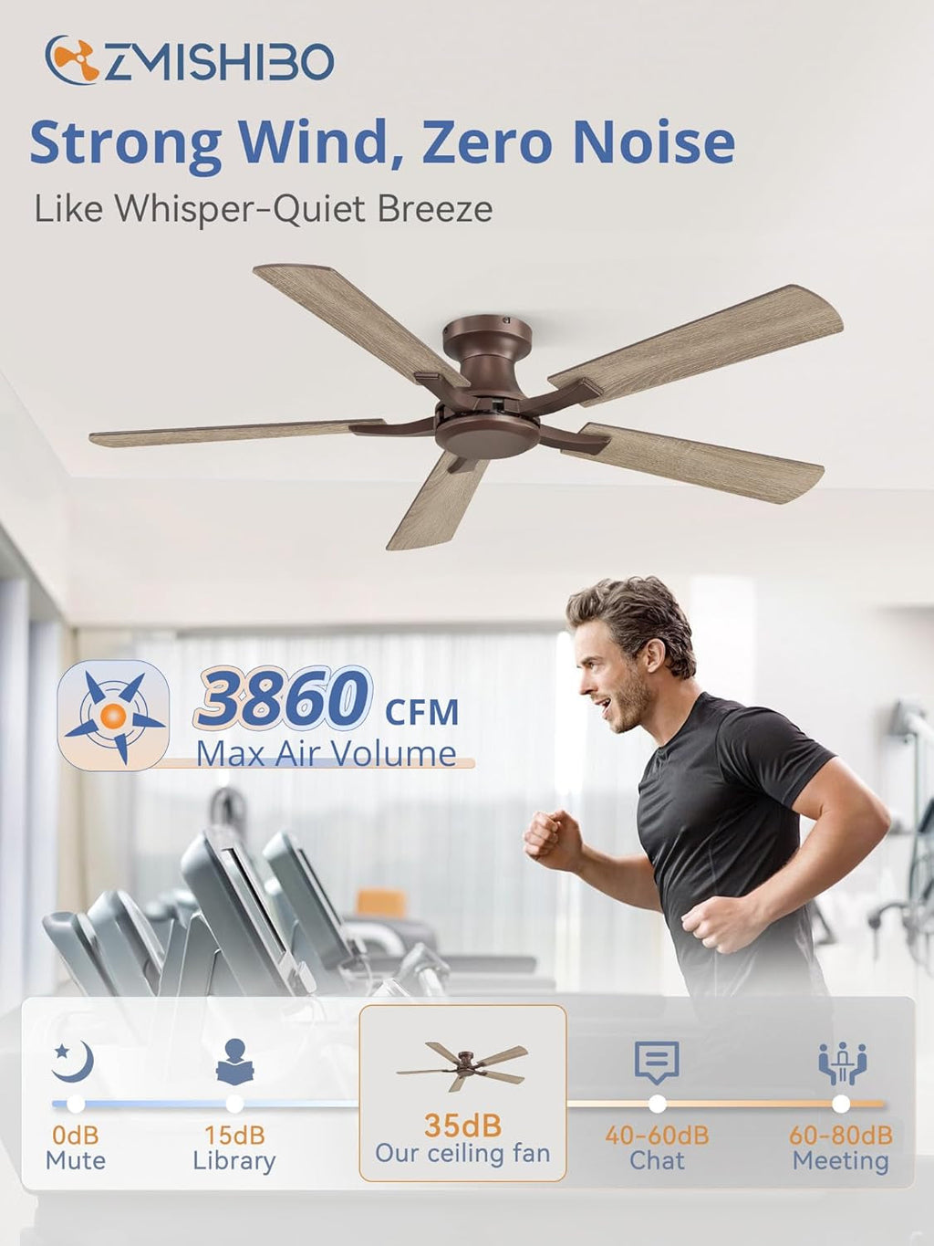 52Inch Brown Flush Mount Ceiling Fan Remote DC Motor-2