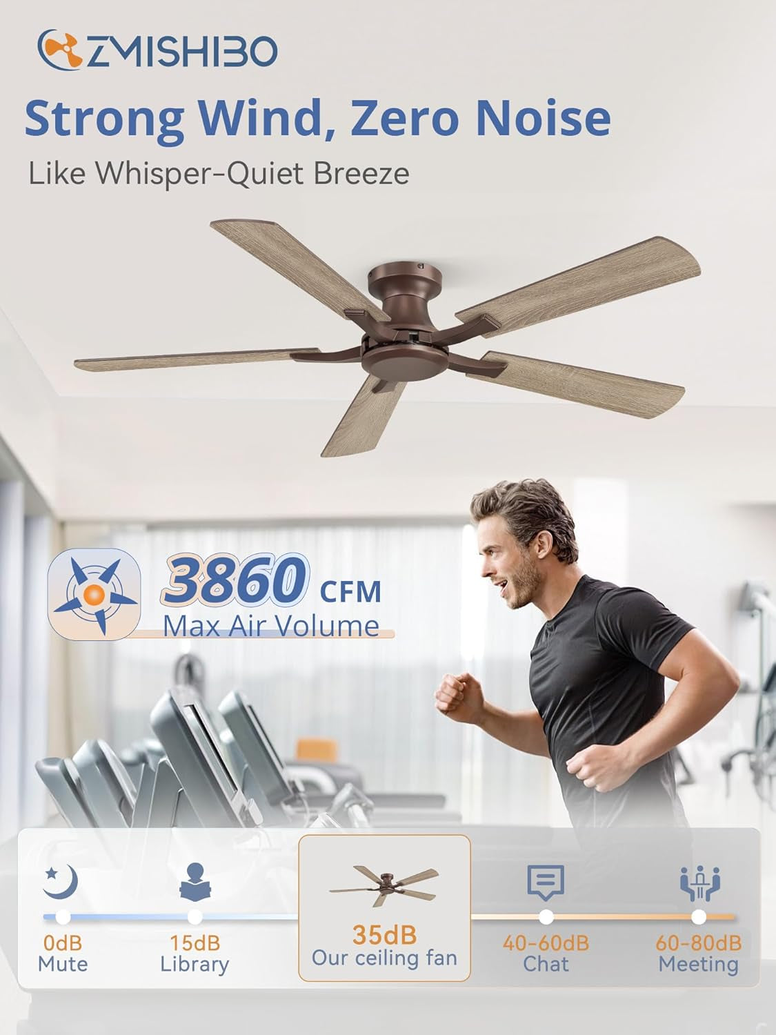 52Inch Brown Flush Mount Ceiling Fan Remote DC Motor-2