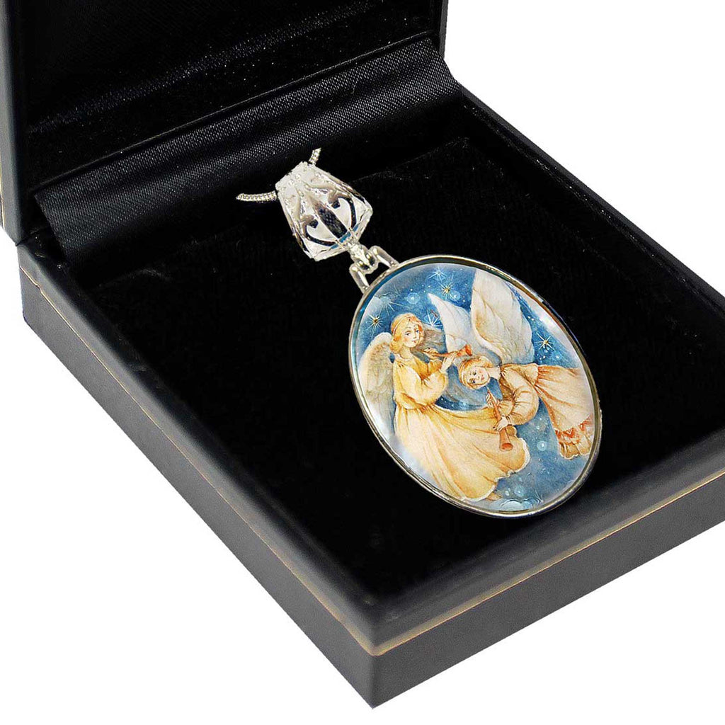 Angels Watching Over Silver Plated Mother of Pearl Jewelry Necklace - 43046-2