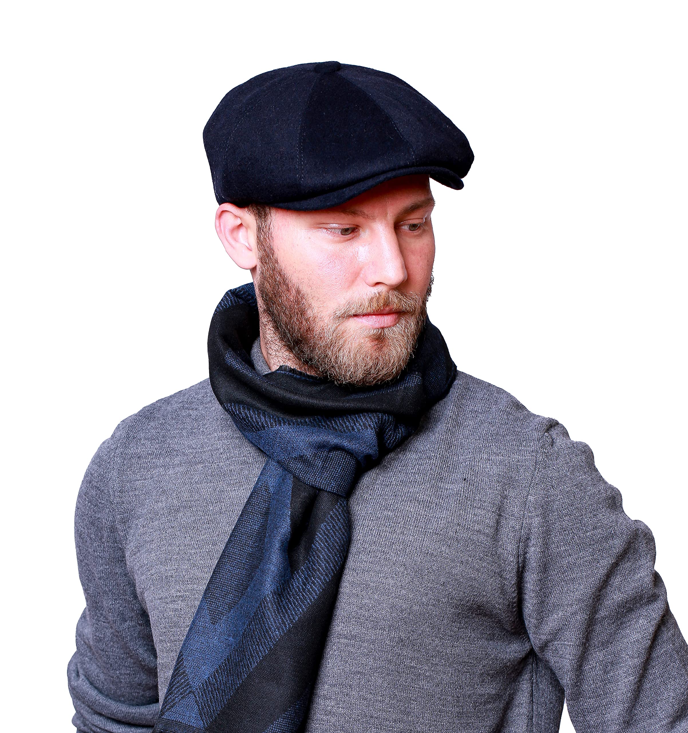 HATSQUARE Wool 8 Panel Newsboy Cap Baker BOY Flat Cap Men’S Winter Cap Unisex NEWSIE Cap - Dark Blue - L