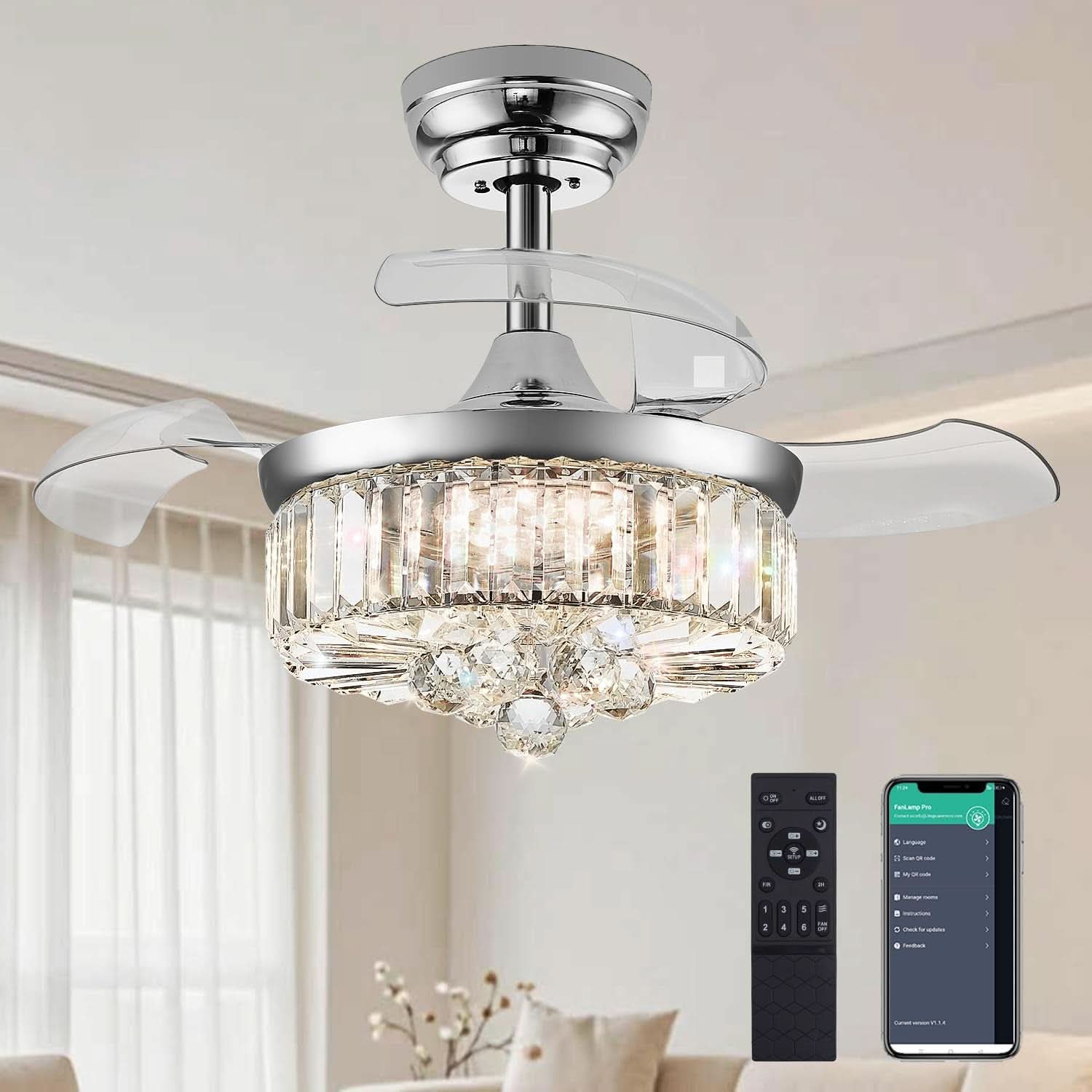 30 Inch Crystal Chandelier Ceiling Fan With Retractable Blades-0