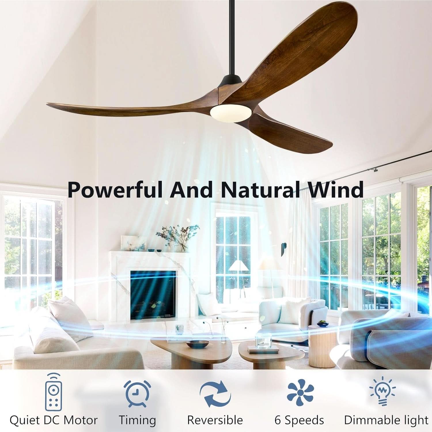 60 Inch Walnut Solid Wood Ceiling Fan Outdoor Weatherproof-3