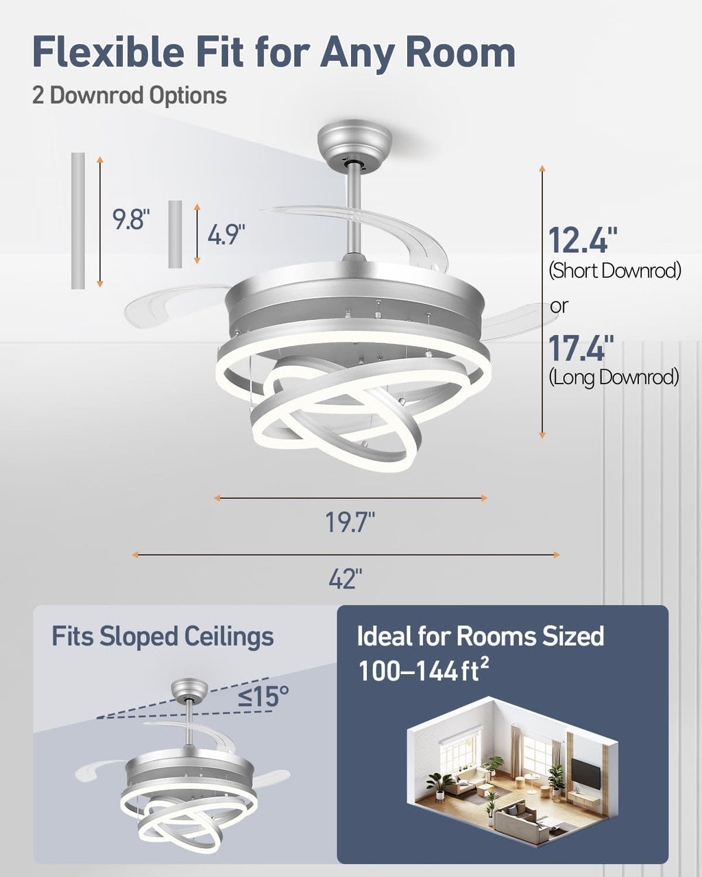 42 Inches Fandelier Retractable Ceiling Fan Silver-2