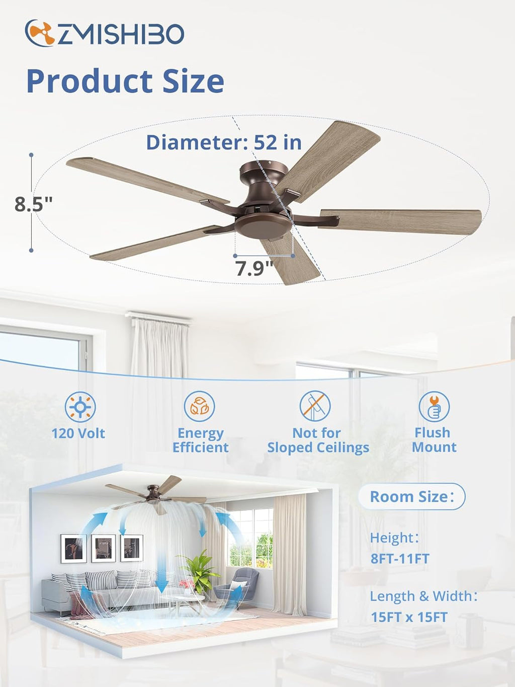 52Inch Brown Flush Mount Ceiling Fan Remote DC Motor-3
