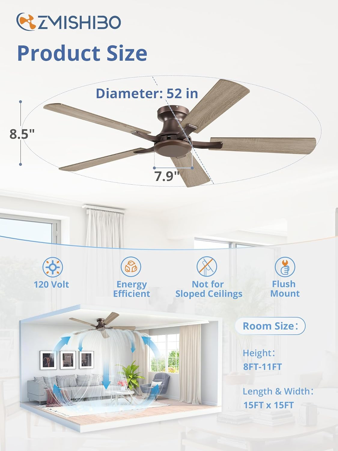 52Inch Brown Flush Mount Ceiling Fan Remote DC Motor-3