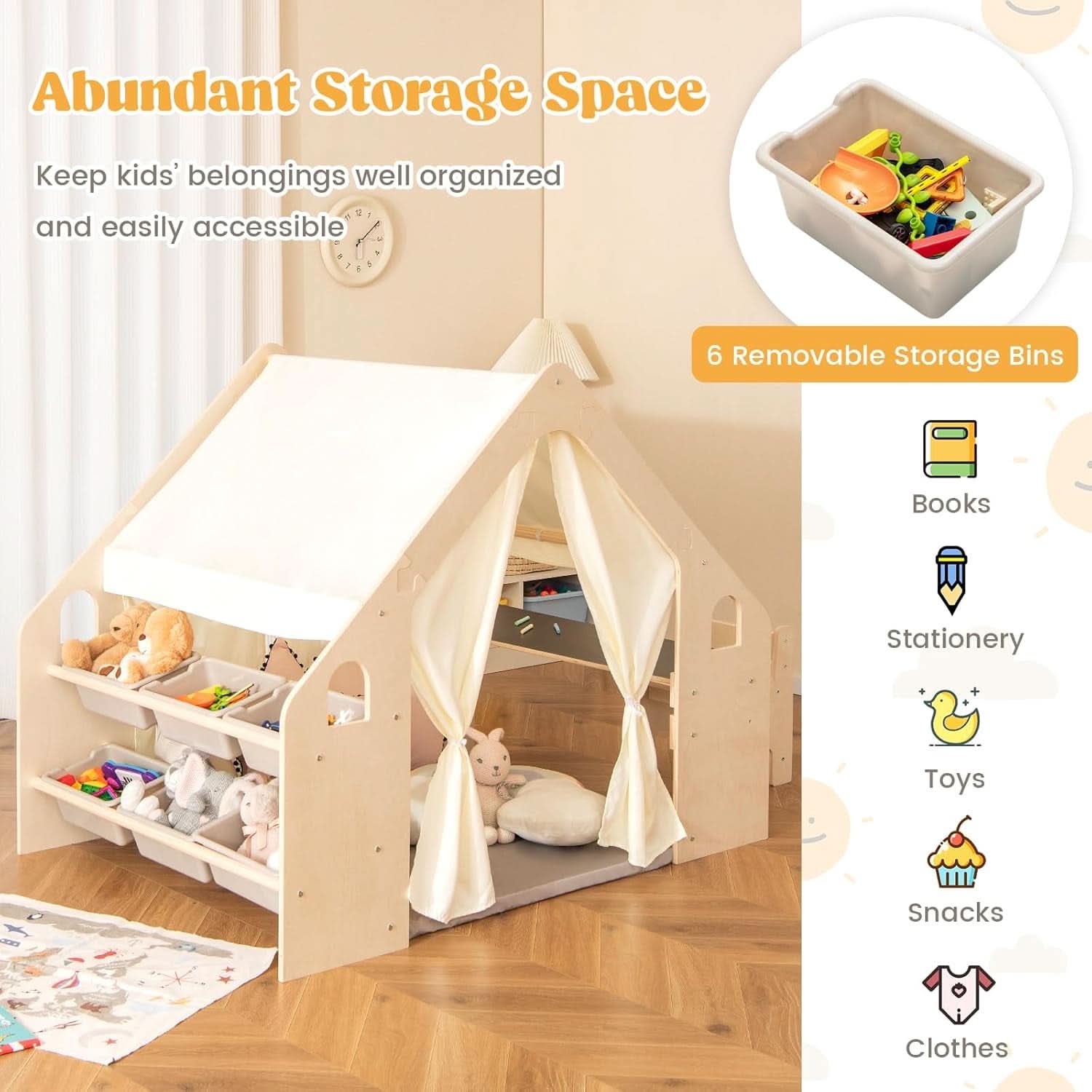 Large Wooden Play Tent With Multifunctional Storage-2