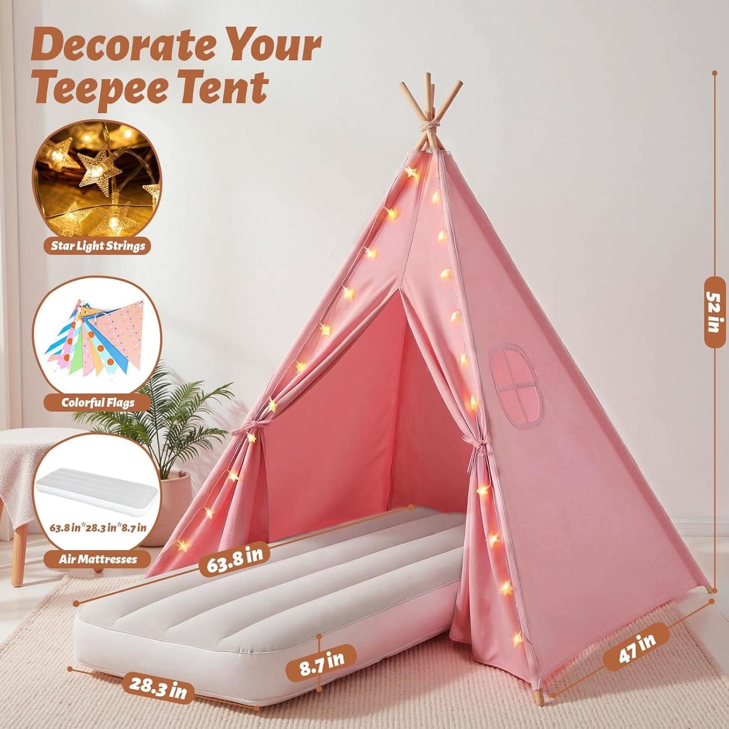 Pink Teepee Tent With Inflatable Airbed LED String Lights-2