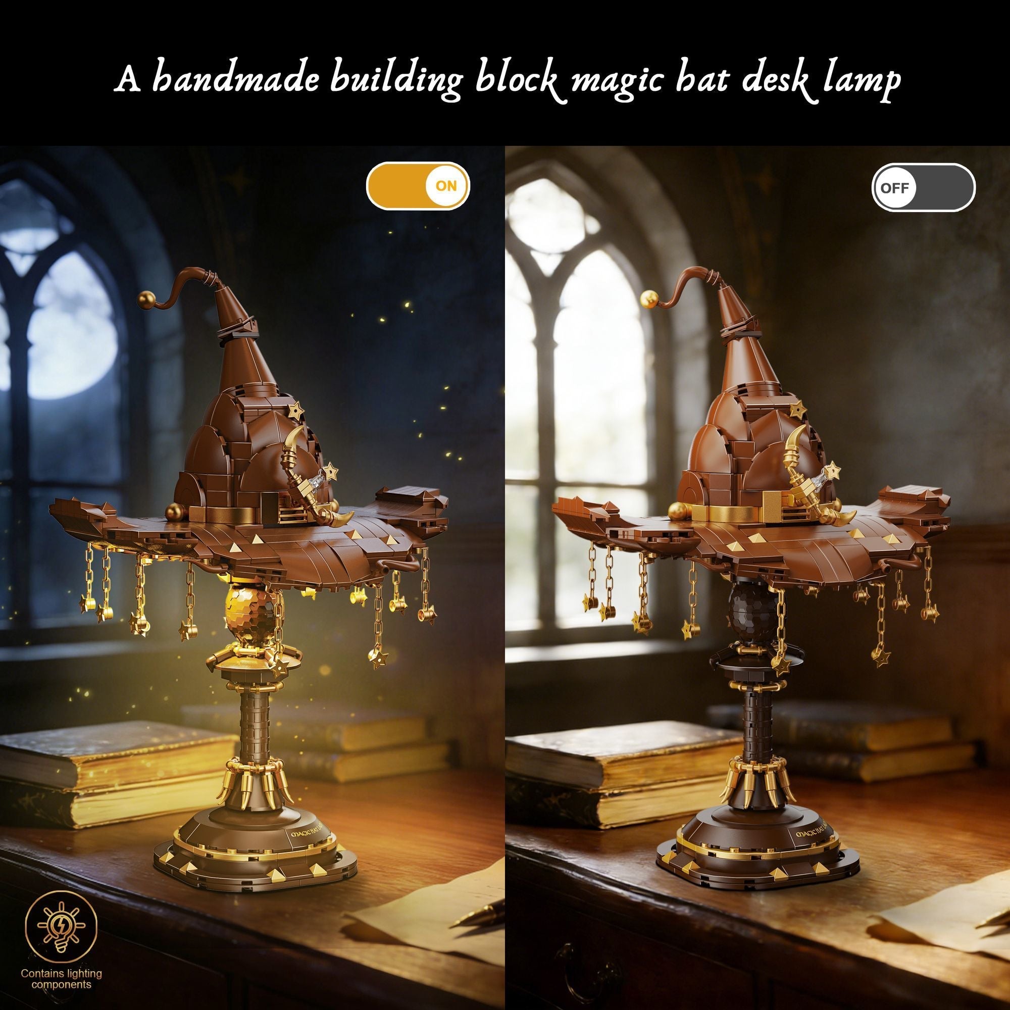 Wizard Hat Table Lamp, Fantasy LED Ambient Light, Magical Desk Lamp for Bedroom, Gaming Room & Reading Corner Decor, DIY Building Block Table Lamp-1