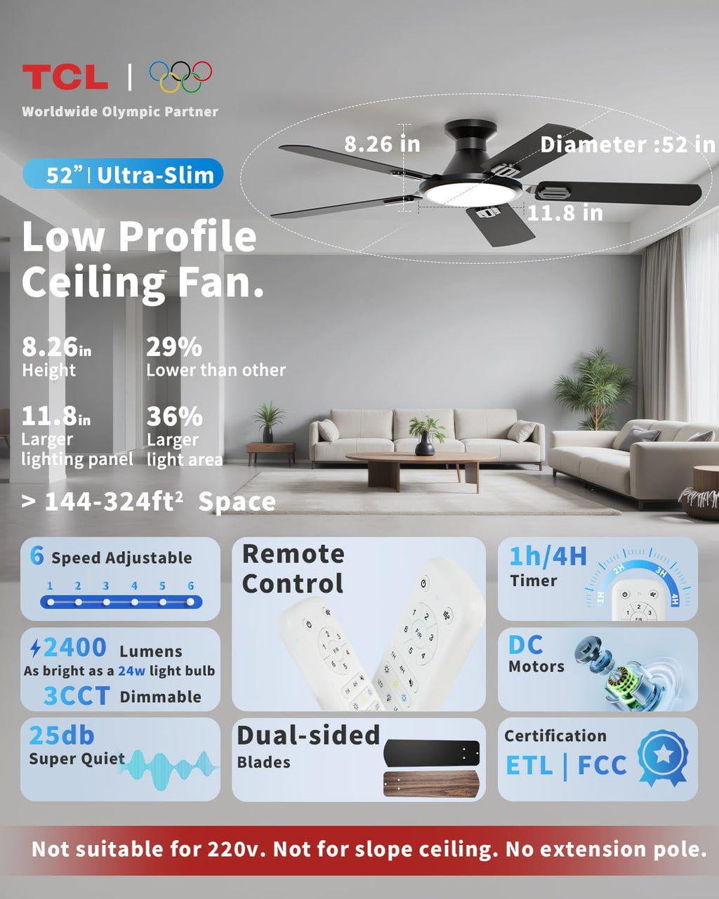 52 Inch Low Profile Matte Black Ceiling Fan LEDLight-1