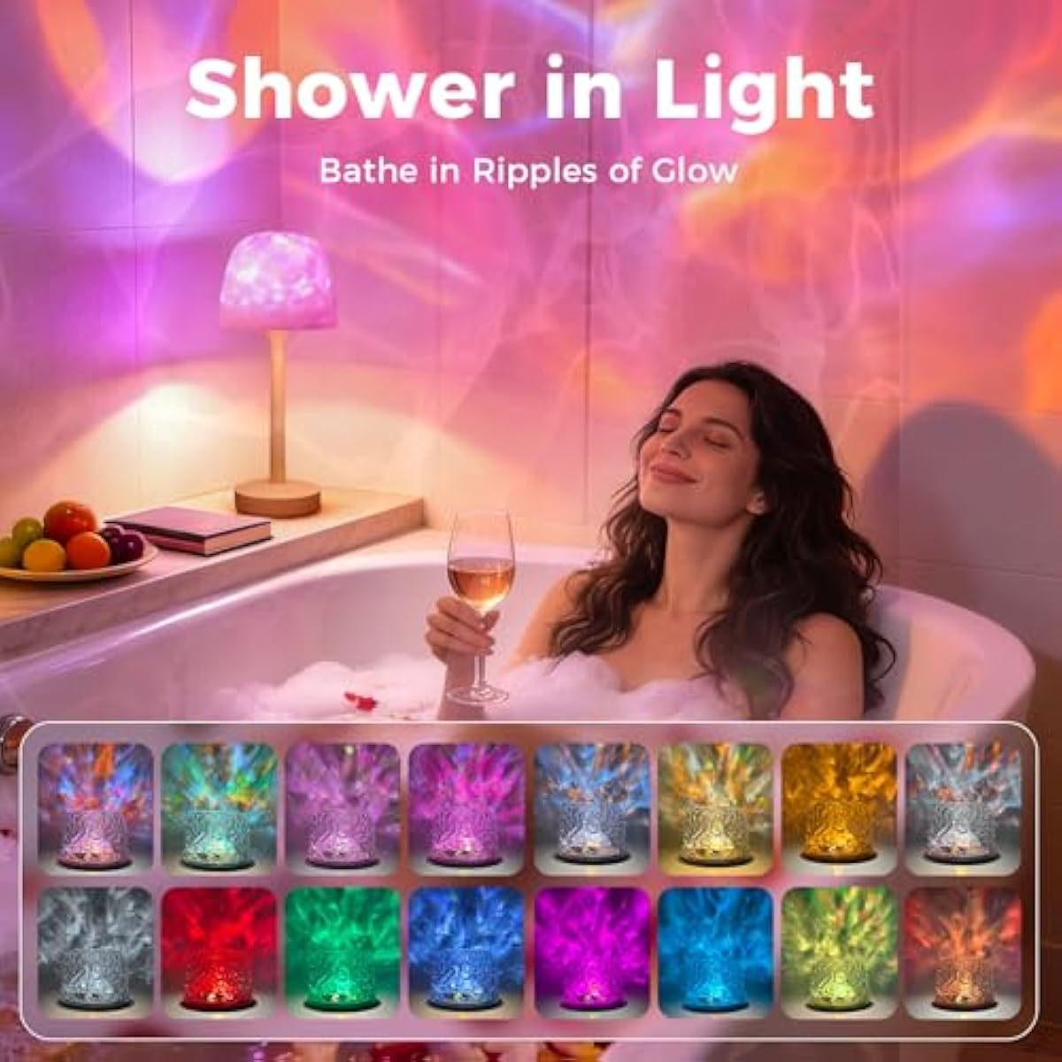 Waterproof Shower Lamp with 16 Color Ocean Wave Projector, Rechargeable LED Light with Remote & Touch Control-2