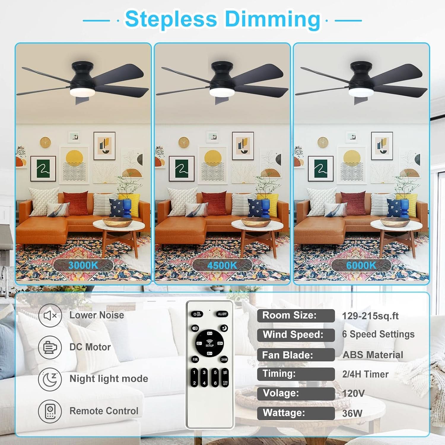 42 Inch Ceiling Fan With Dimmable LED Light Remote-3