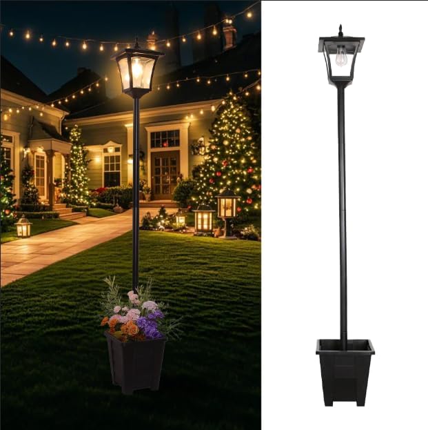 2-In-1 Outdoor Planter with Solar Lamp Post Lights, 59"H MAX-0