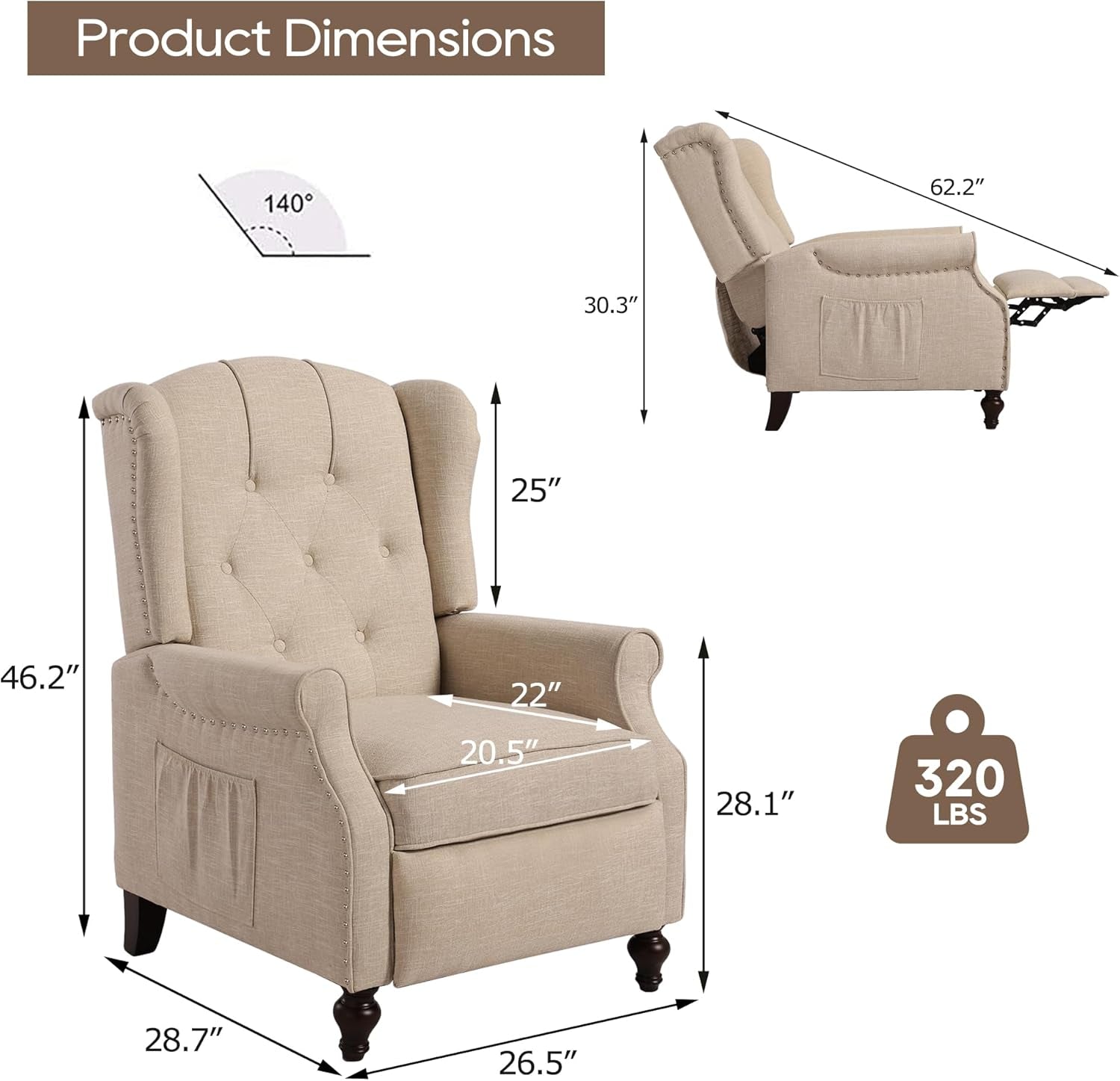 Wingback Recliner Chair With Massage And Heat Tufted Fabric