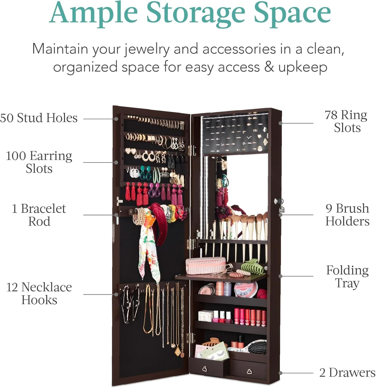 LED Mirror Jewelry Cabinet Lockable Espresso Armoire-3