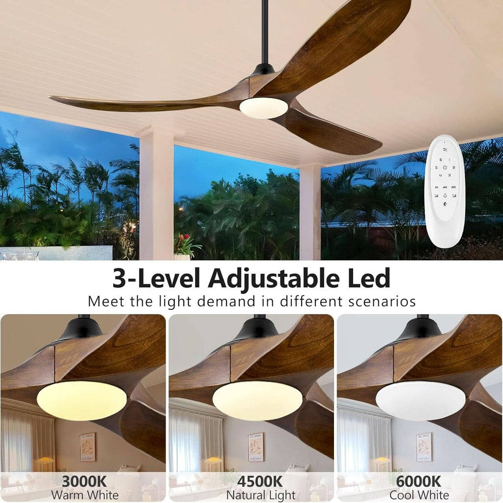 60 Inch Walnut Solid Wood Ceiling Fan Outdoor Weatherproof-2
