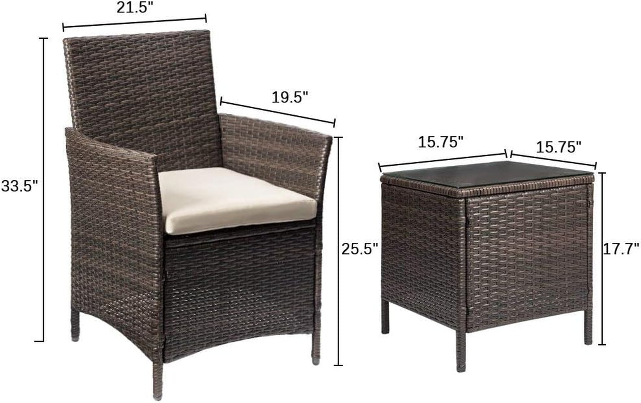 3 Piece PE Rattan Patio Set With Glass Table Brown