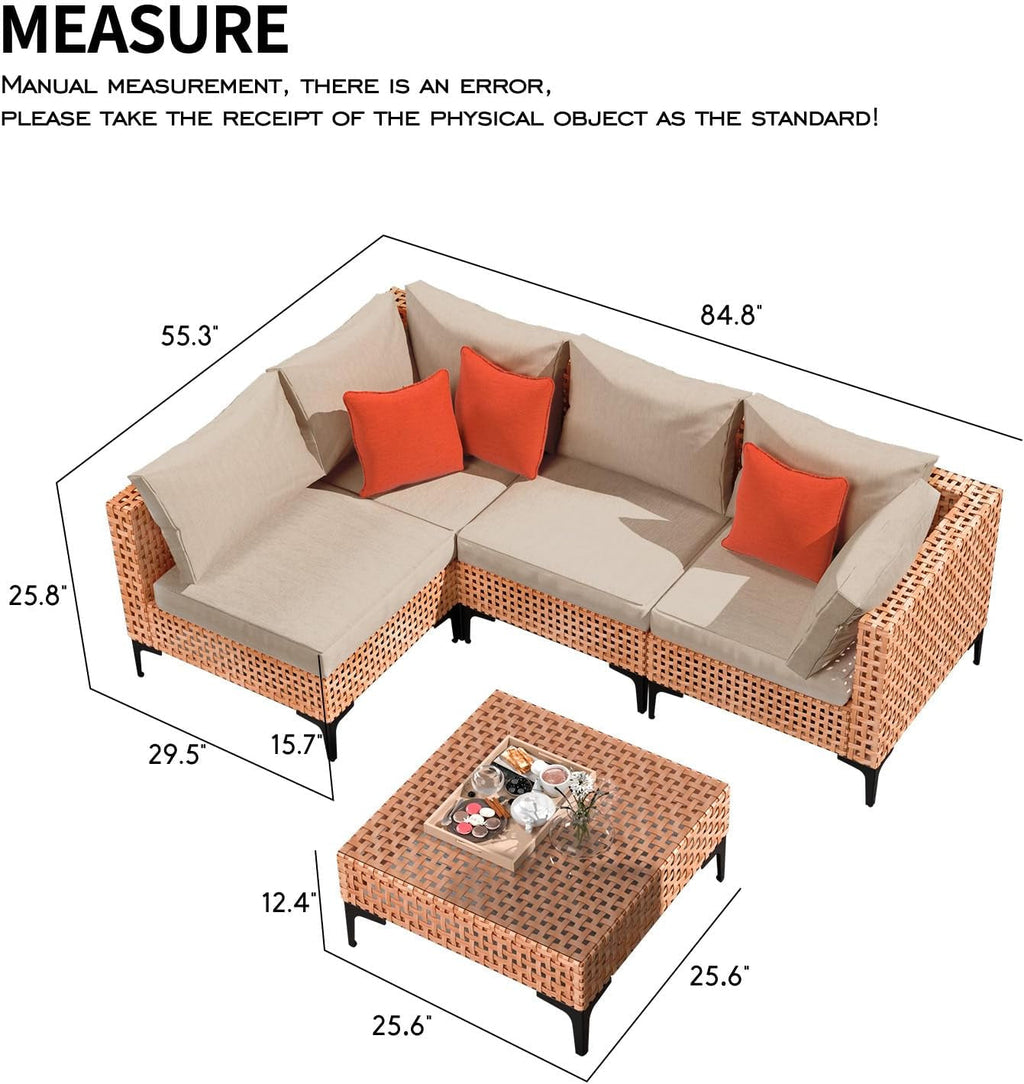 5 Piece Outdoor Patio Set Salmon Orange Wicker Sectional