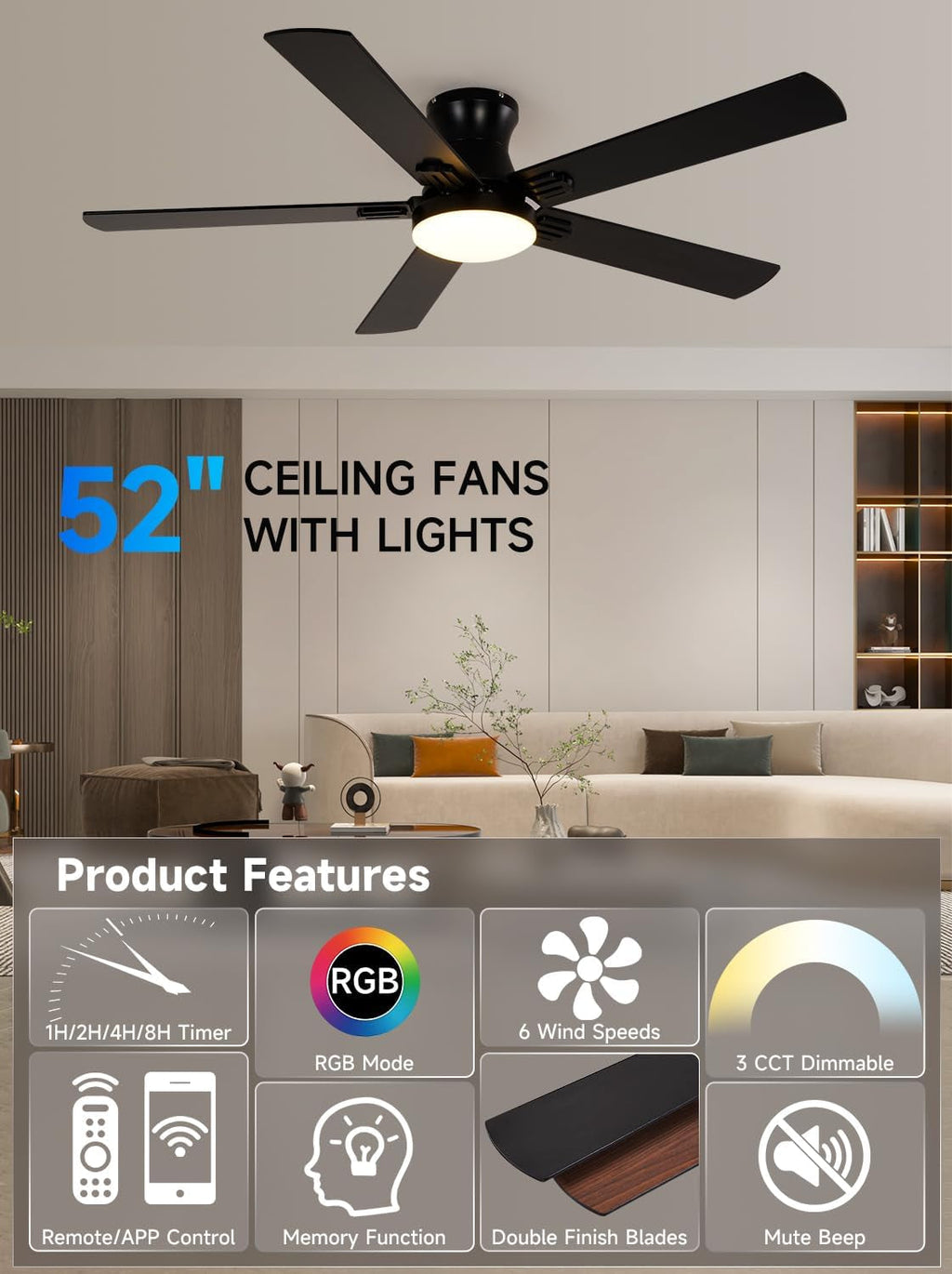 52 Inch Black Ceiling Fan Energy Efficient Smart LED-3