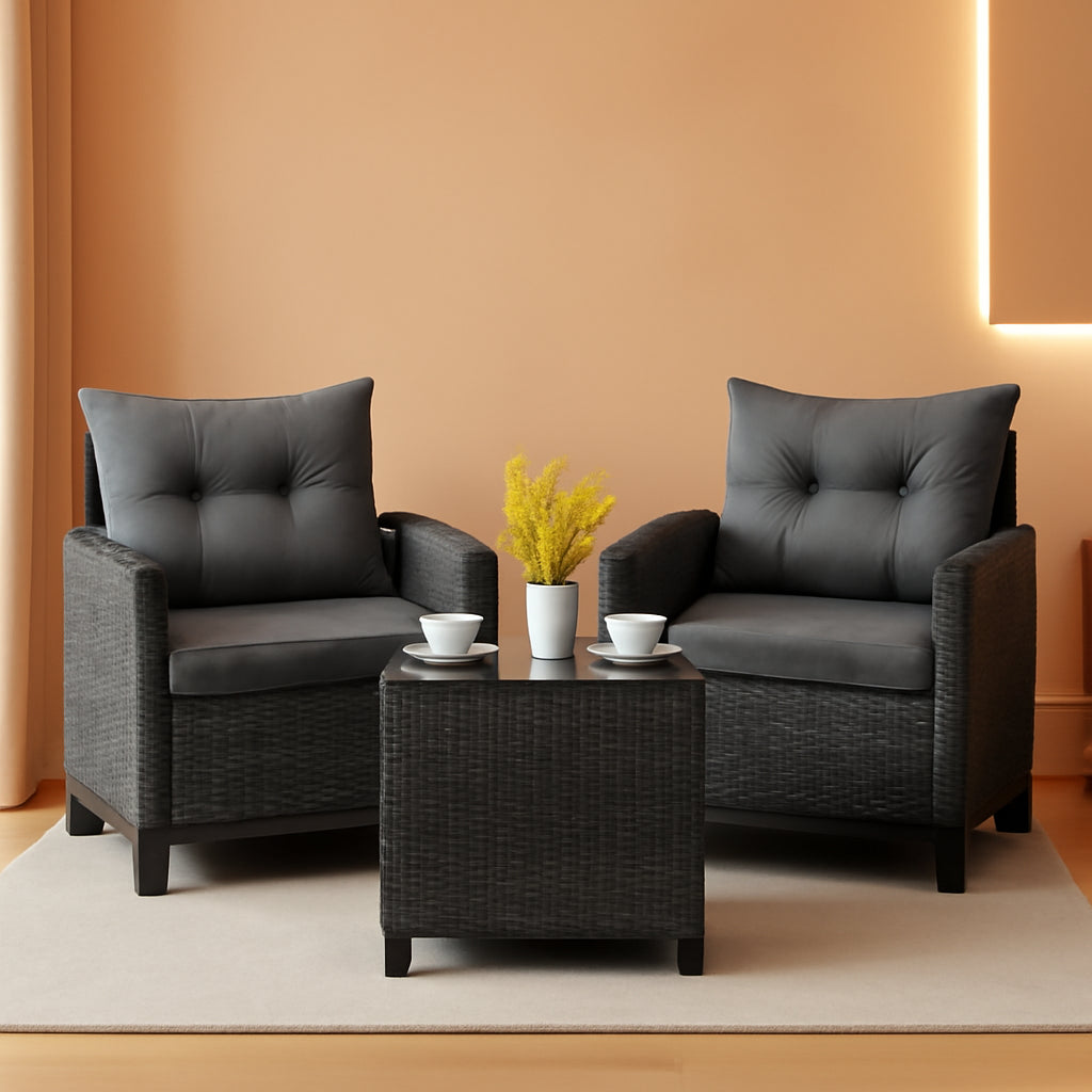 3 Piece Patio Furniture Set Outdoor PE Rattan Conversation Set With Washable Cushions And Tempered Glass Table Grey