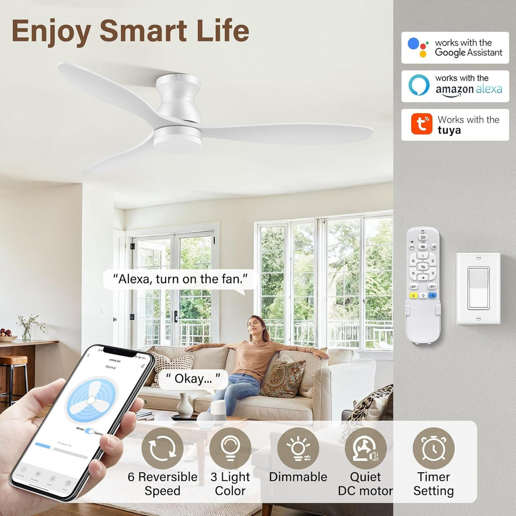 52 Inch Matte White FlushMount Ceiling Fan Dimmable-1