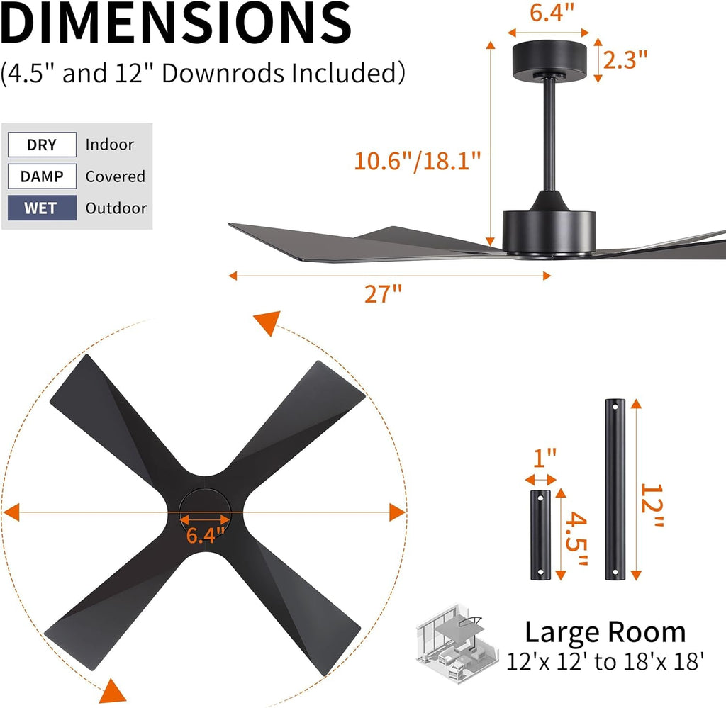 54Inch Black Outdoor Ceiling Fan Weather proof Premium-3