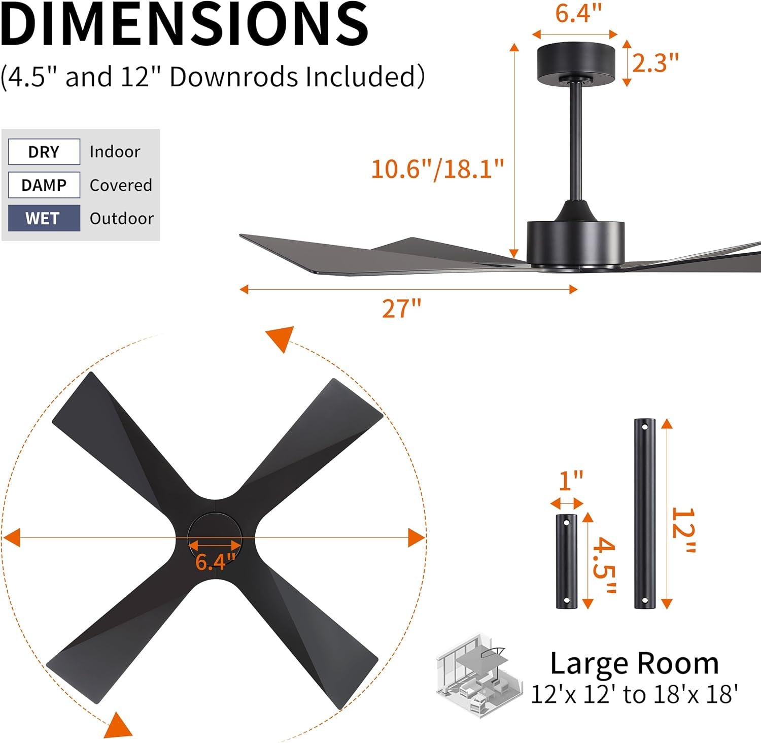 54Inch Black Outdoor Ceiling Fan Weather proof Premium-3
