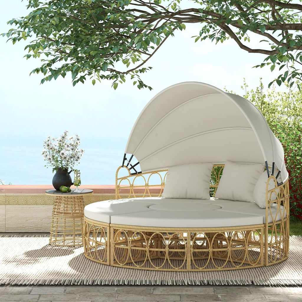 Outdoor Round Daybed Set with Canopy and Cushions