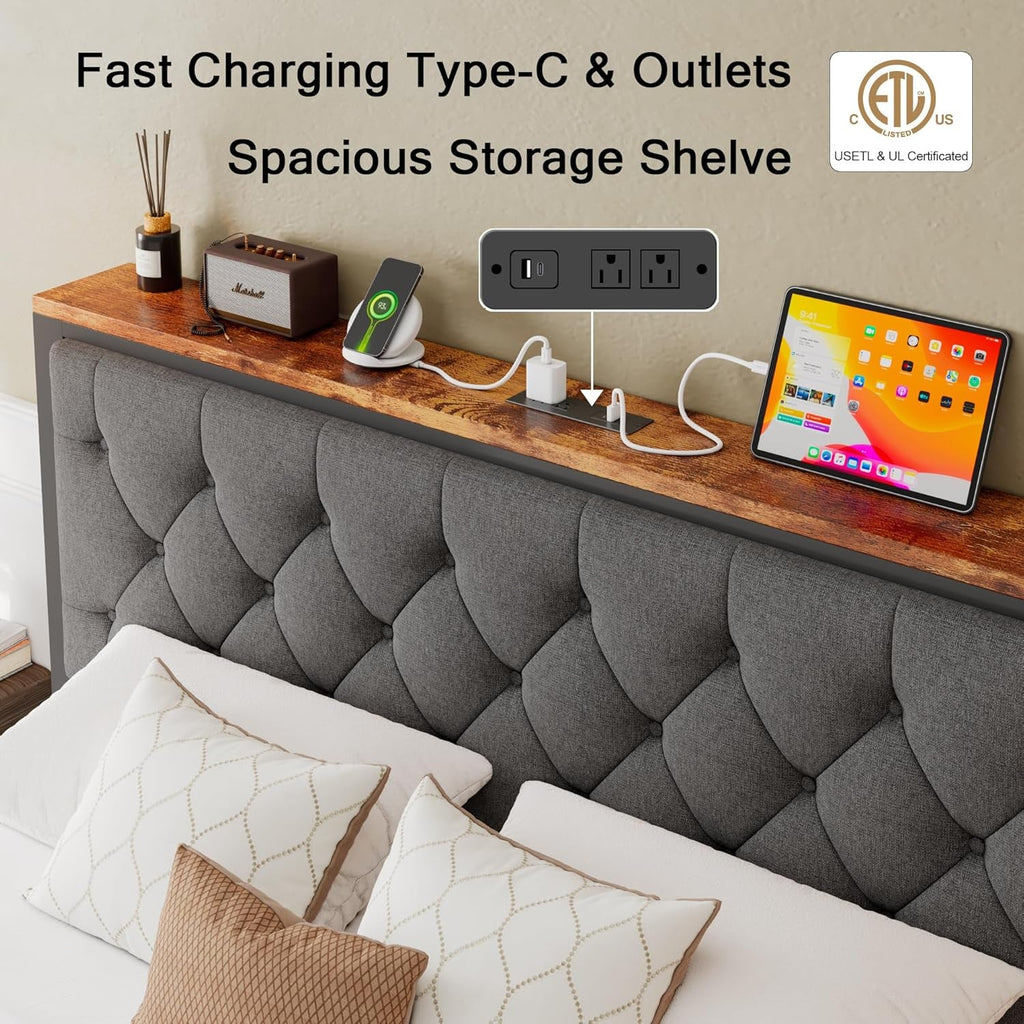 Full Size Bed Frame With Grey Storage Drawers USB Ports