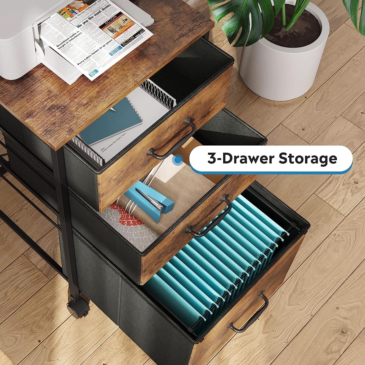 Rolling File Cabinet 3 Drawer In Rustic Brown Office Furniture-3