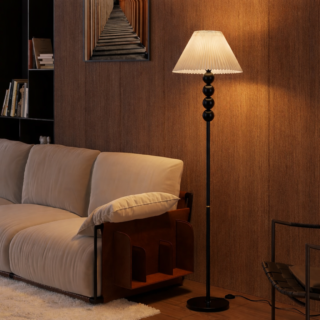 Mid Century Modern Wood Large Floor Lamp with Pleated Lampshade 65"H-3