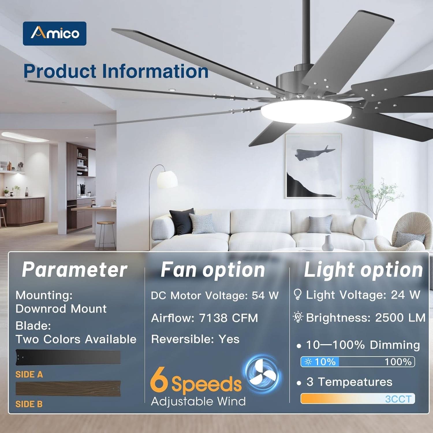 72 Inch Ceiling Fan Dimmable Lighting Remote Control-2