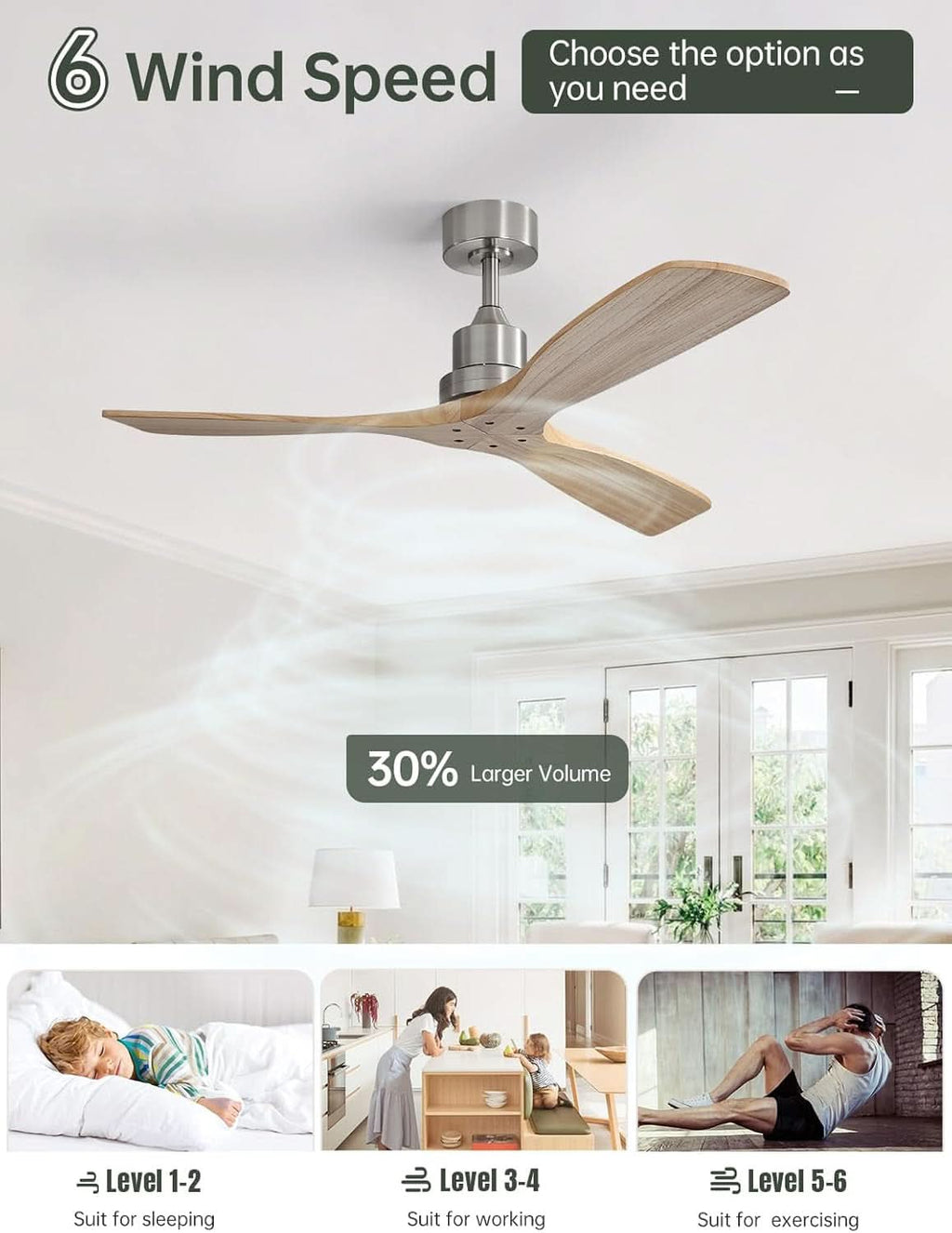 52 Inch Outdoor Patio Brushed Nickel Wood Ceiling Fan-2