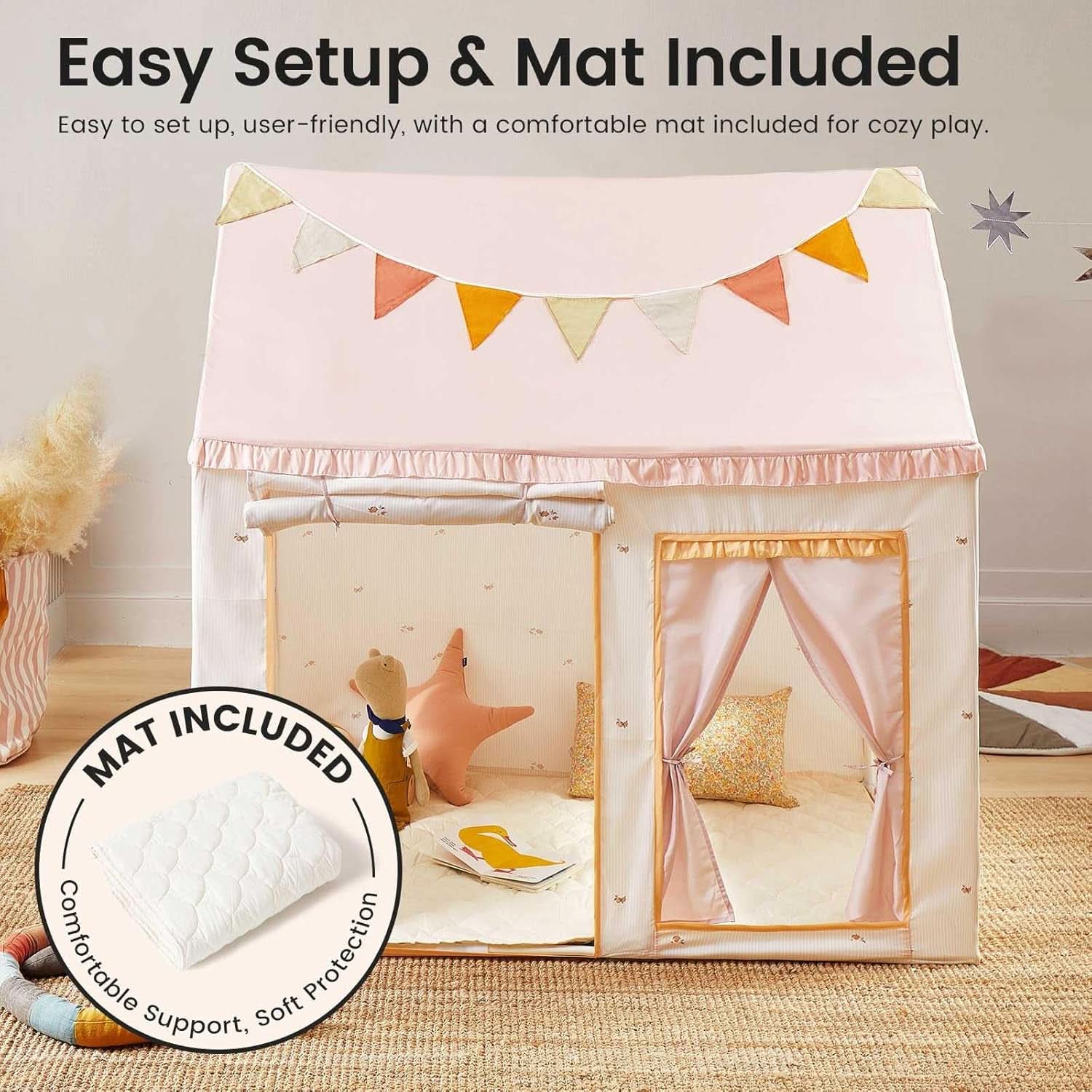 Pink Kids Play Tent With Mat For Toddlers Indoor Playhouse-3