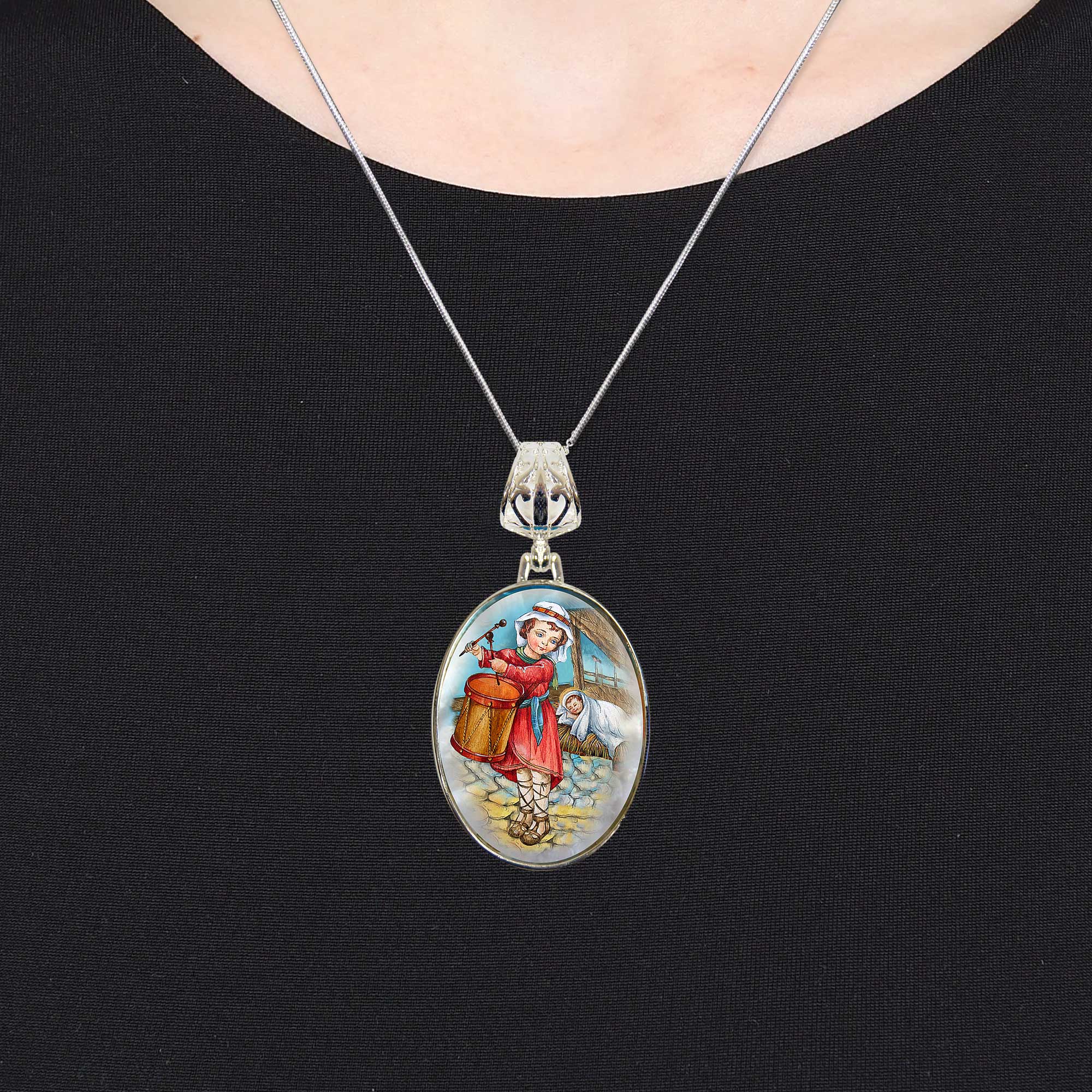 Drummer Boy Silver Plated Mother of Pearl Jewelry Necklace - 43044-4