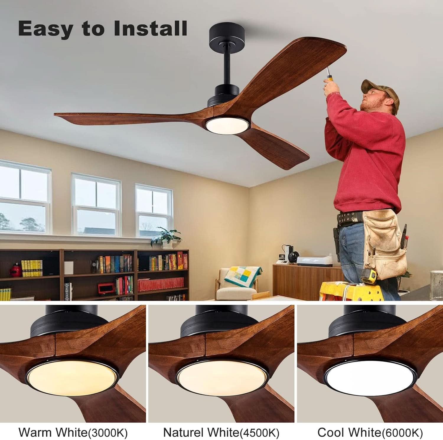 52 Inch SolidWood Ceiling Fan Black Walnut With Lights-3