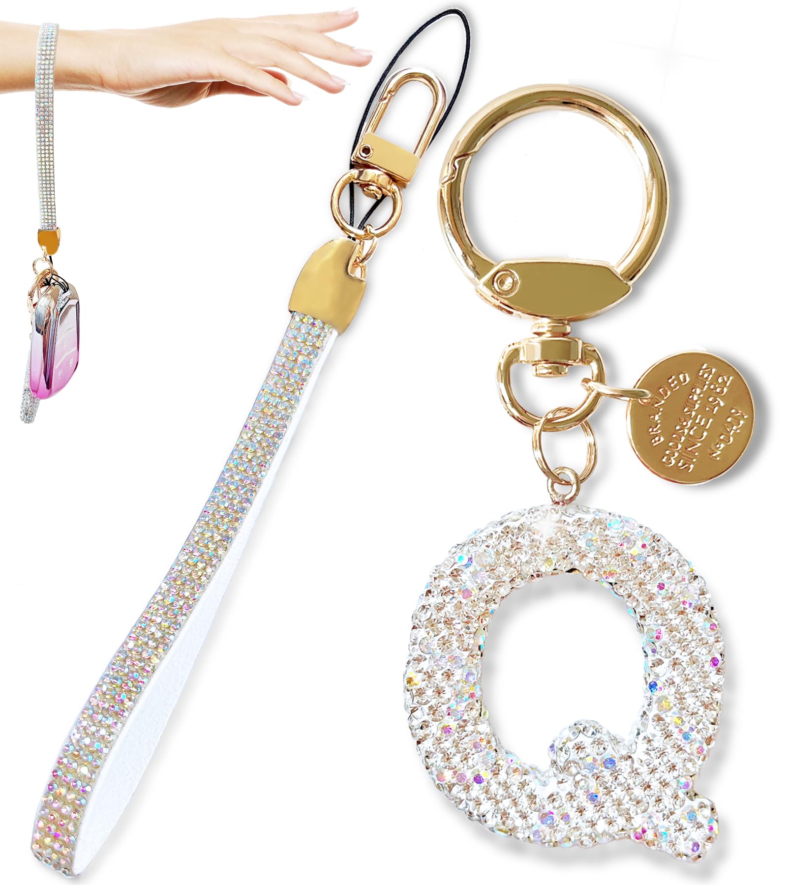 Initial Letter Keychain for Women Girls Bling Sparkly Backpack Key chain Car Key Accessories with Wristlet and Key Ring