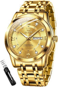 OLEVS Men Watch Blue Gold Analog Quartz Stainless Steel Waterproof Luminous Date Luxury Casual Watch
