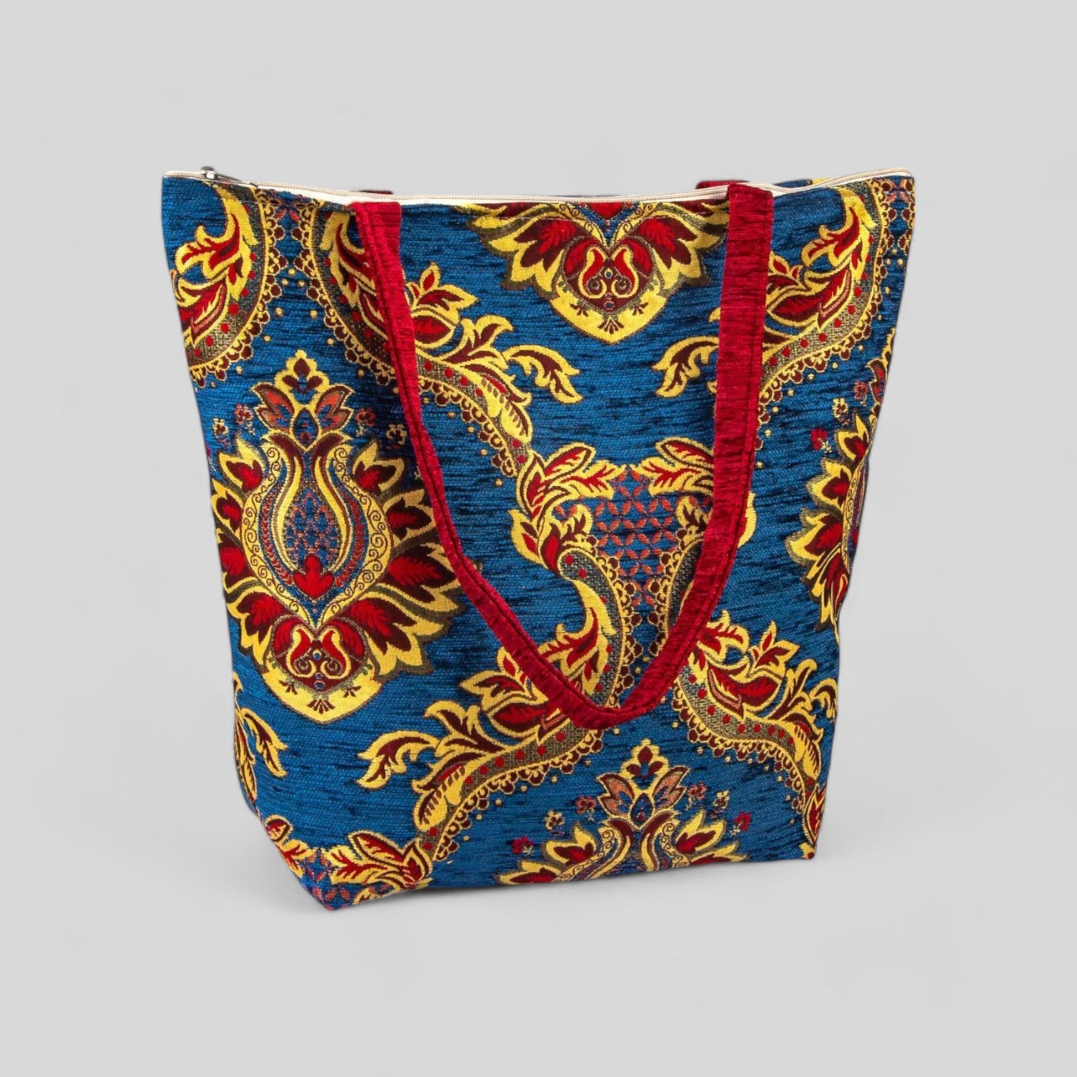Authentic Kilim Fabric Ottoman Design Purse with Handles, Turkish Carpet, Beach Bag, Tote, Reusable Shopping Bag -- Blue/Red/Yellow-0