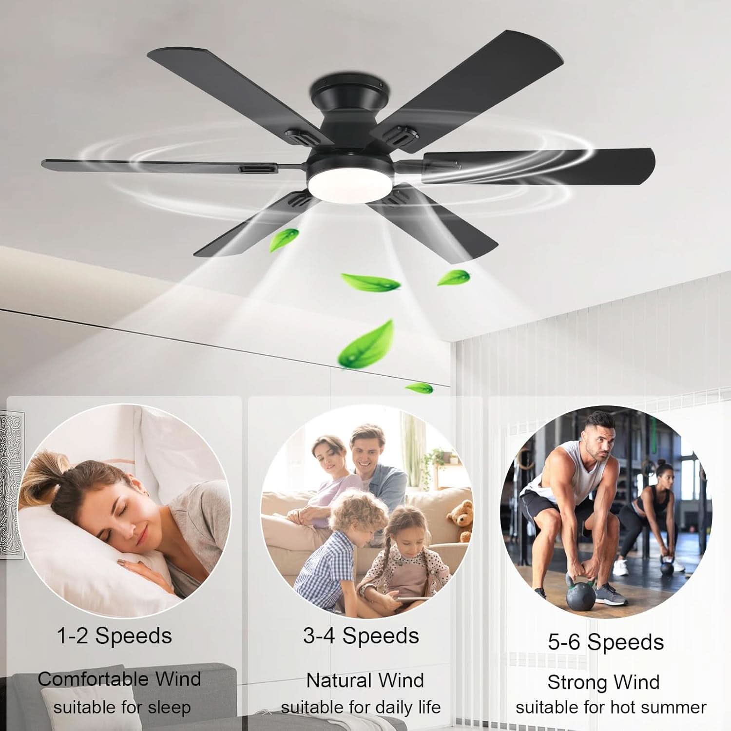 56Inch Jet Black Ultra Quiet Flush Mount Ceiling Fan-3
