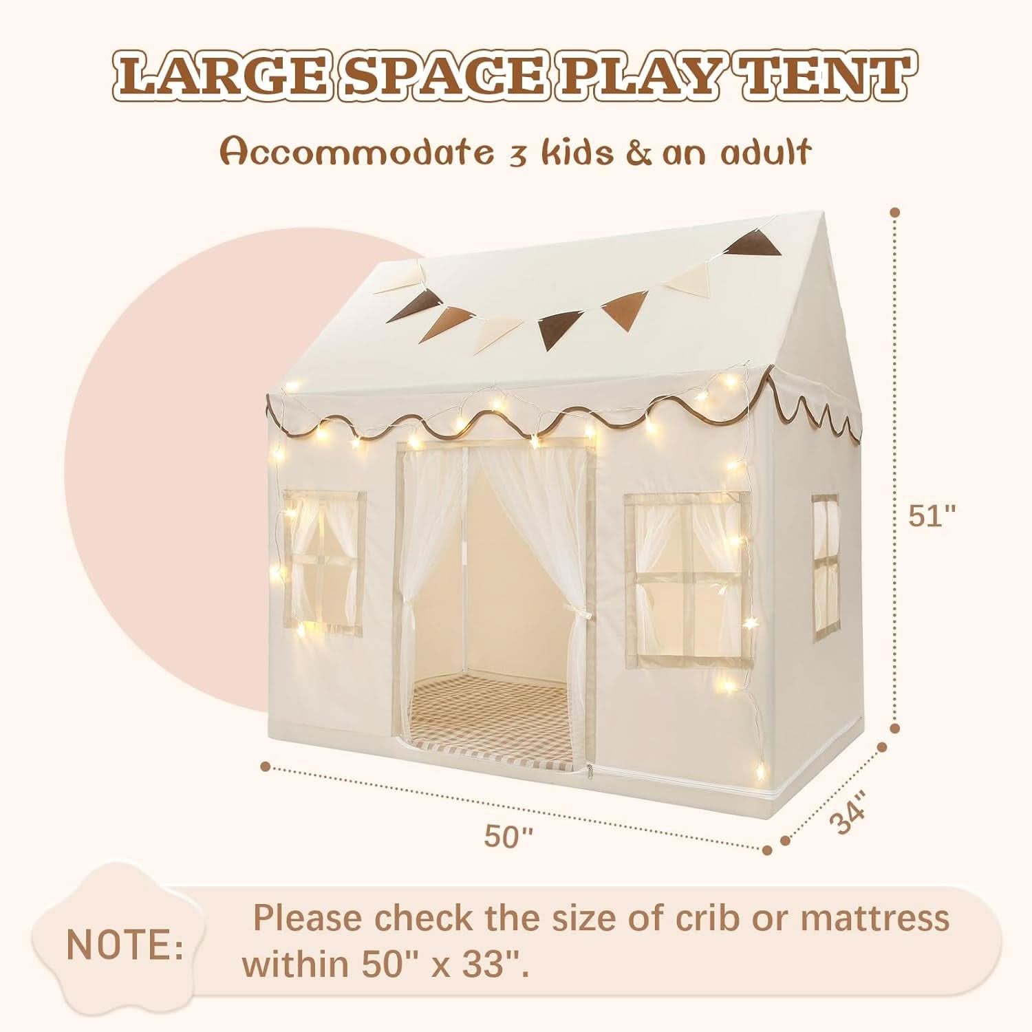 Cream Kids Play Tent Large 50 Inches Wide By34 Deep Indoor Outdoor-3