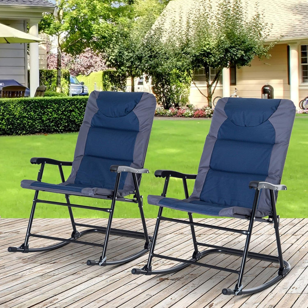 2 Piece Outdoor Patio Furniture Set With Folding Padded Rocking Chairs Navy Blue For Porch Balcony And Camping