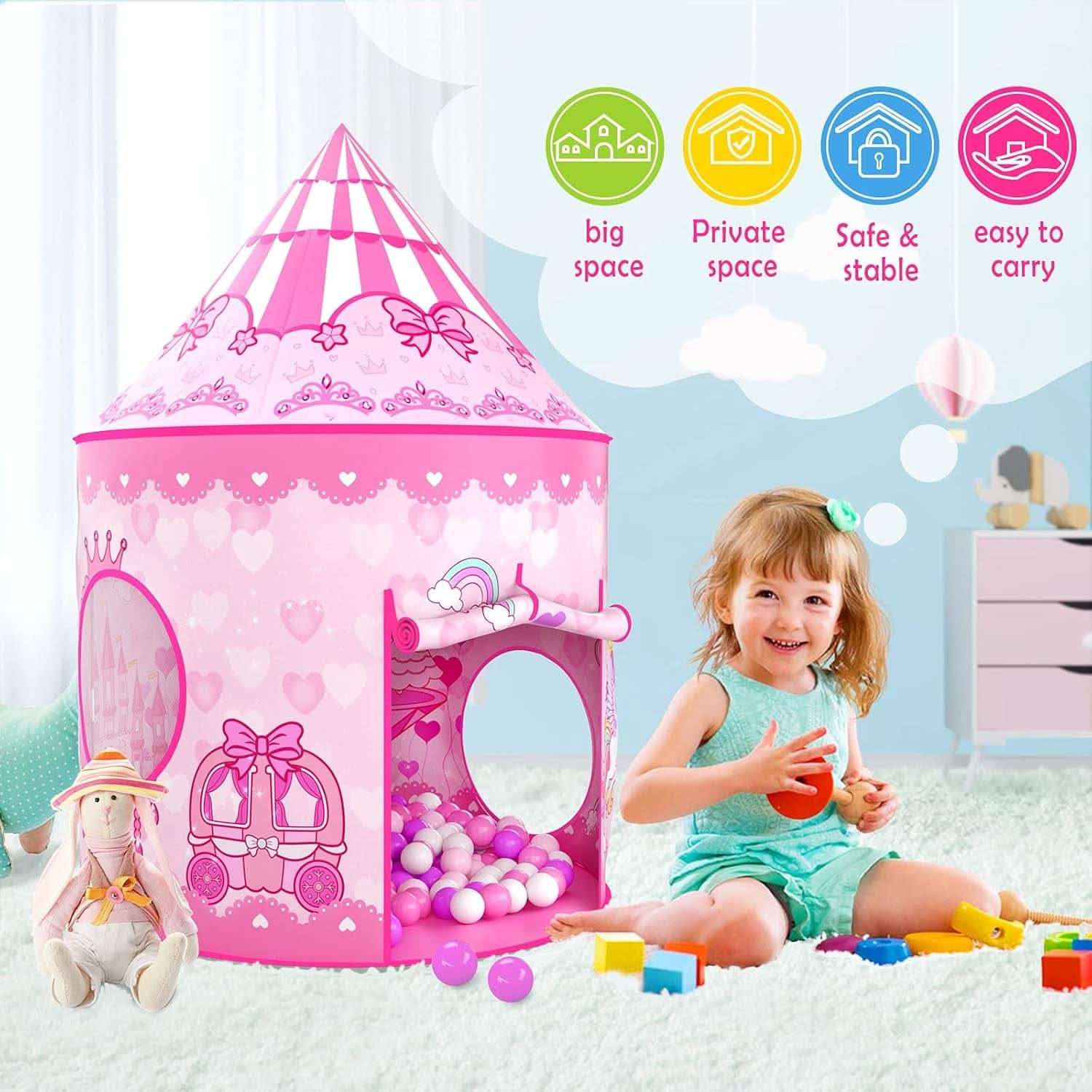 Pink Princess Playhouse Tent Ball Pit Multifunctional-1